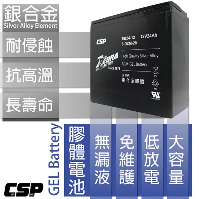 【ZEBRA 斑馬牌】EB24-12 單顆出貨 銀合金膠體電池12V24Ah(等同6-DZM-20.電動車電池 REC22-12 WP2)