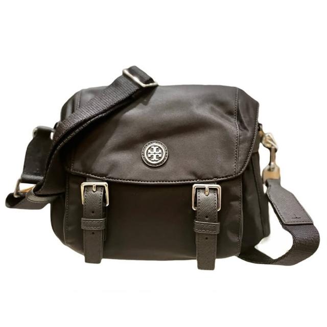 【TORY BURCH】TORY BURCH VIRGINIA 銀雙T前雙扣掀蓋尼龍斜背包 郵差包 黑色(母親節送禮)