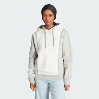 【adidas 愛迪達】上衣 女款 長袖上衣 帽T 運動 三葉草 REVERSE HOODIE 白灰 II8059(S2214)