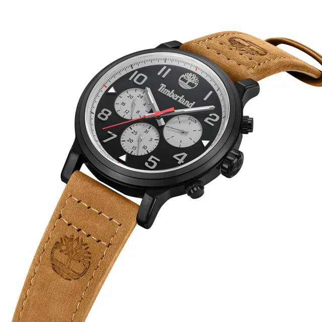 【Timberland】天柏嵐 PANCHER系列 三眼多功能腕錶 皮帶-黑/小麥色46mm(TDWGF0028902)
