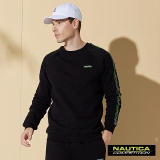【NAUTICA】男裝 COMPETITION 時尚LOGO織帶刷毛長袖大學T(黑)