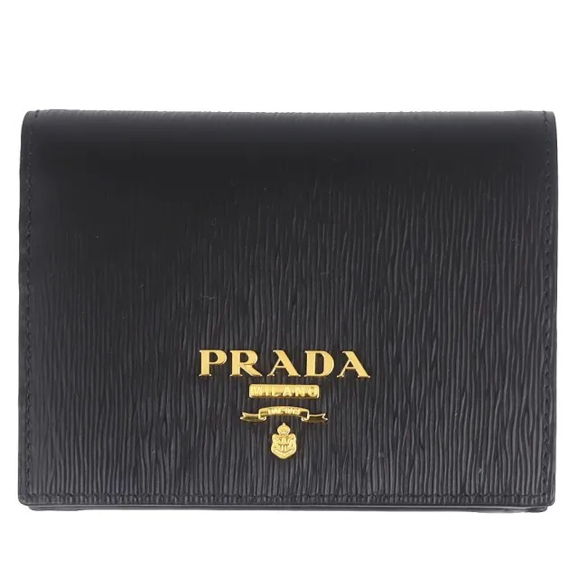 【PRADA 普拉達】品牌標誌直紋皮革翻蓋押扣短夾(黑色/零錢袋)