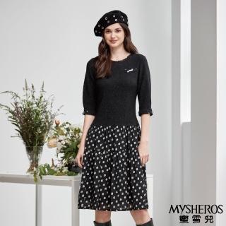 【MYSHEROS 蜜雪兒】連身洋裝 字母印花拼接 含質感安哥拉毛(黑)