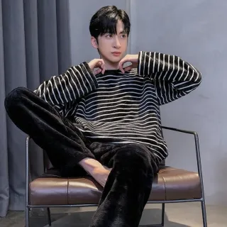 【藍尼居家】現貨 法蘭絨睡衣男生韓版加絨※(家居服/男睡衣/長袖居家服/售完不補)