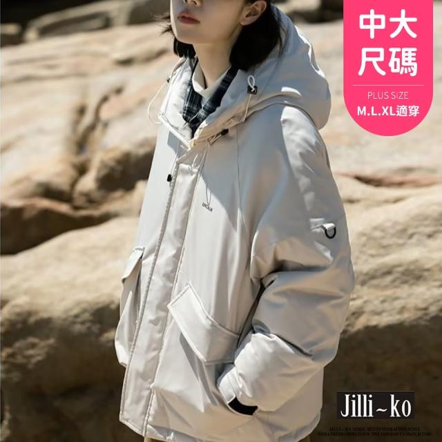 【JILLI-KO】BF中性防風寬版連帽抽繩外套-F(黑/淺卡)