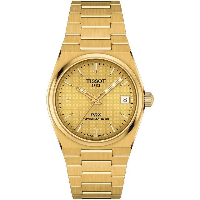 【TISSOT 天梭 官方授權】PRX系列 復古風酒桶型淑女機械錶-35mm/金 情人節 禮物(T1372073302100)