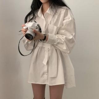 【D.studio】韓版寬鬆收腰顯瘦長袖襯衫(連衣裙 連身裙 套裝 洋裝 連身裙 長袖上衣 套裝 女裝 裙子 S272)