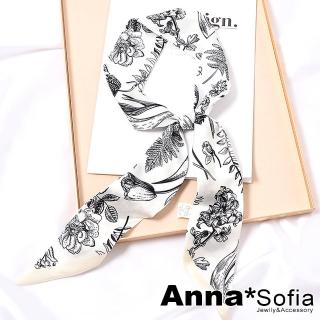 【AnnaSofia】仿絲領巾絲巾圍巾-線花圖鑑 窄版緞面 現貨(米斜邊系)