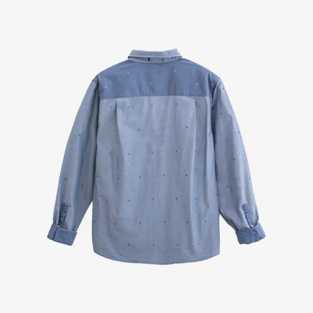 【Arnold Palmer 雨傘】男裝-滿版LOGO刺繡撞色拼接襯衫(藍色)