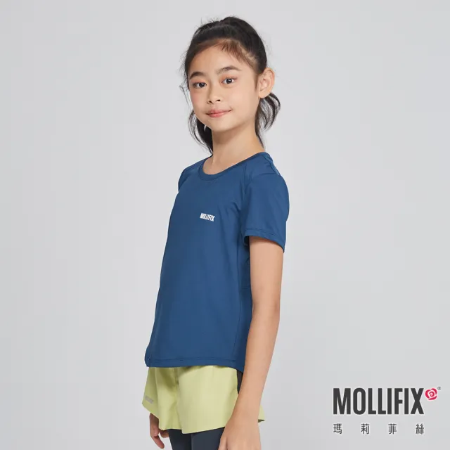 【Mollifix 瑪莉菲絲】弧形剪接修身短袖訓練上衣_KIDS、瑜珈服、瑜珈上衣、運動服(深霧藍)