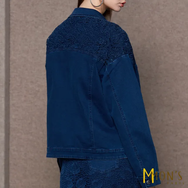 【MON’S】精緻雙肩蕾絲彈性修身牛仔外套