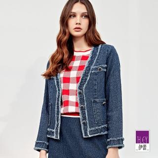 【ILEY 伊蕾】個性抽鬚V領造型編織牛仔外套(藍色；M-XL；1223068429)