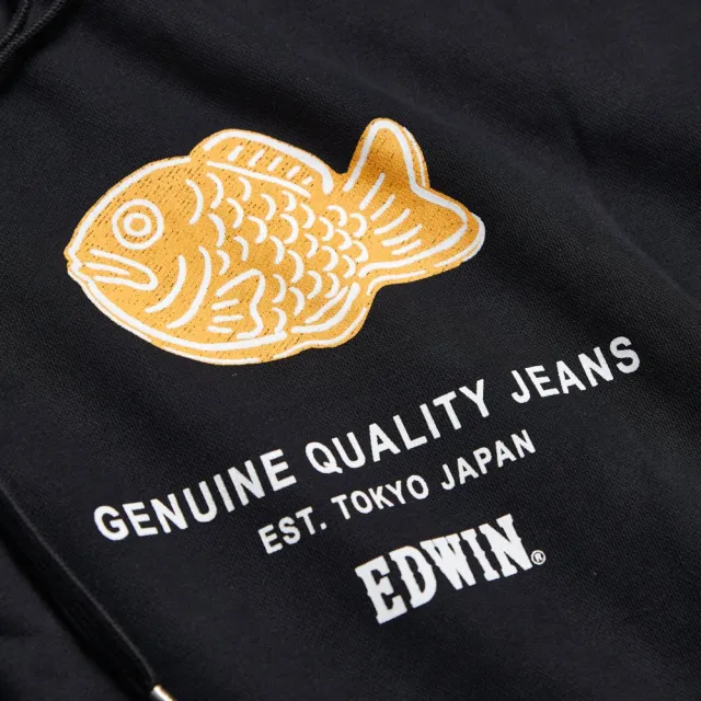 【EDWIN】男女裝 東京散策系列 鯛魚燒連帽長袖T恤(黑色)