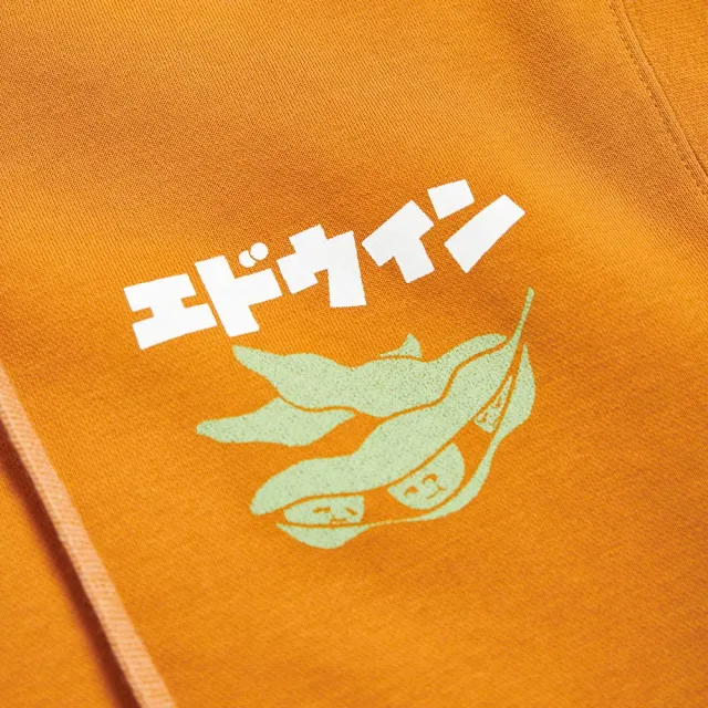 【EDWIN】男女裝 東京散策系列 毛豆三兄弟連帽長袖T恤(黃褐色)