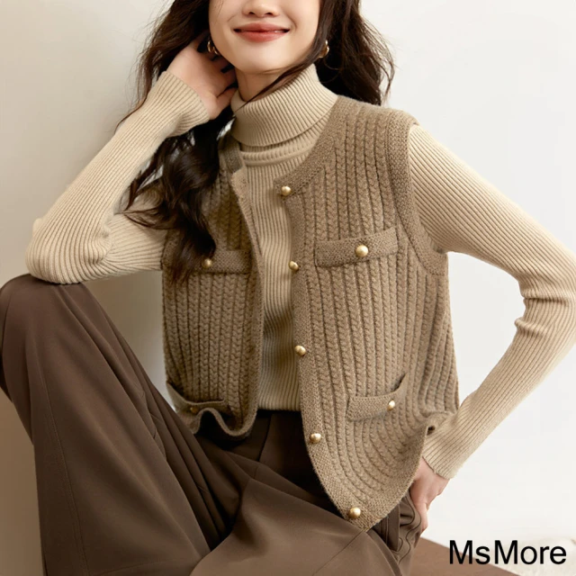 【MsMore】設計感麻花針織衫韓版氛圍感休閒馬甲背心短版上衣毛衣#119999(駝)