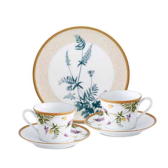 【NORITAKE】富良野之春金邊咖啡對杯+點心盤21.2CM(可微波 禮盒組)