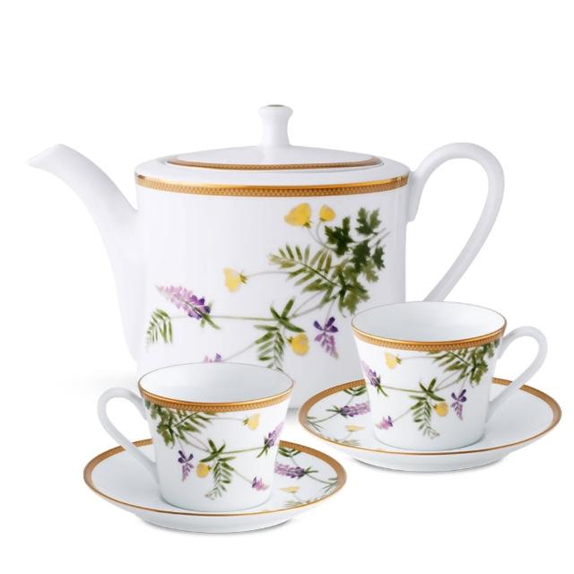【NORITAKE】富良野之春金邊可微波-下午茶杯碟5件組(咖啡對杯+茶壺  禮盒組)