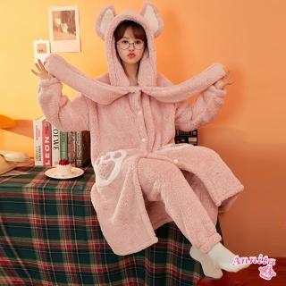 【Annita】小狐狸珊瑚絨法蘭絨兩件式居家服女睡袍睡裙(女居家服/女睡衣/保暖睡袍/酒店式睡袍浴袍)