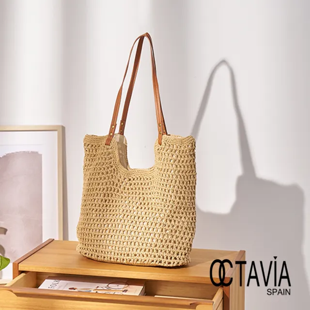 【OCTAVIA 8】雙11 梅芙曼 手工棉線編織方型休閒托特包 - 芳草棕(渡假包 仿草編包)