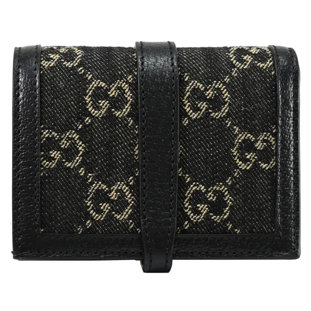 【GUCCI 古馳】Jackie 1961 經典雙G緹花布牛皮拼接扣式零錢短夾(黑邊)