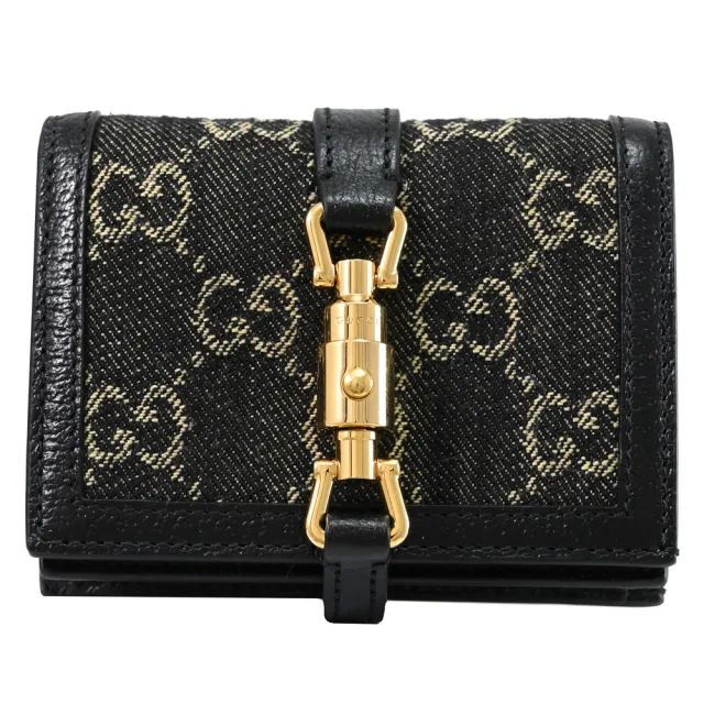 【GUCCI 古馳】Jackie 1961 經典雙G緹花布牛皮拼接扣式零錢短夾(黑邊)