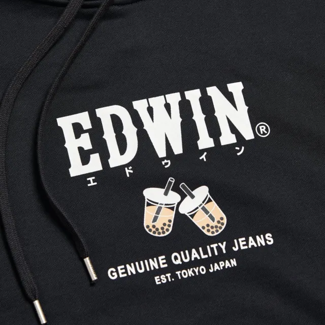 【EDWIN】男女裝 東京散策系列 珍珠奶茶連帽長袖T恤(黑色)