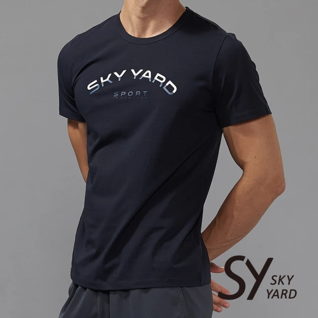 SKY YARD 撞色拼字舒適上衣棉T(深藍)