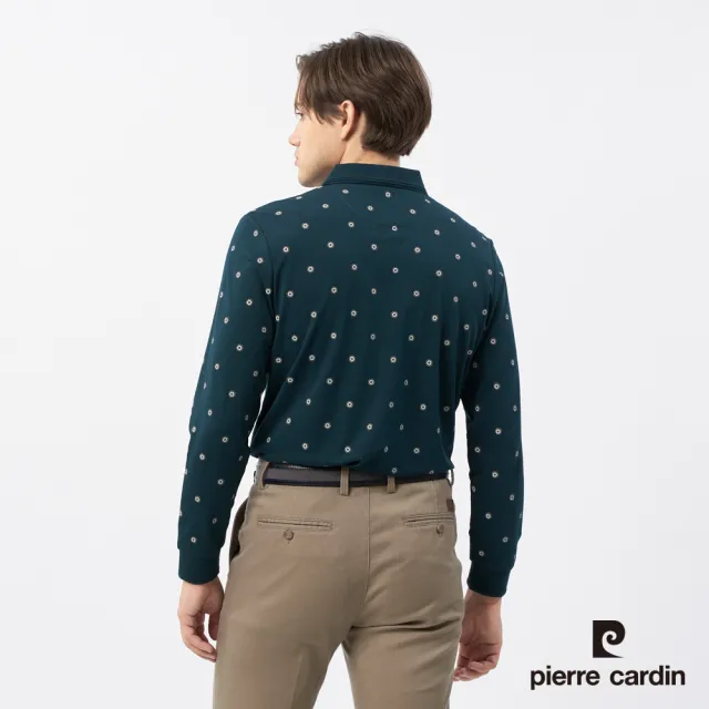【pierre cardin 皮爾卡登】休閒服飾 男款 圓點點印花長袖POLO衫-深綠色(5235258-47)