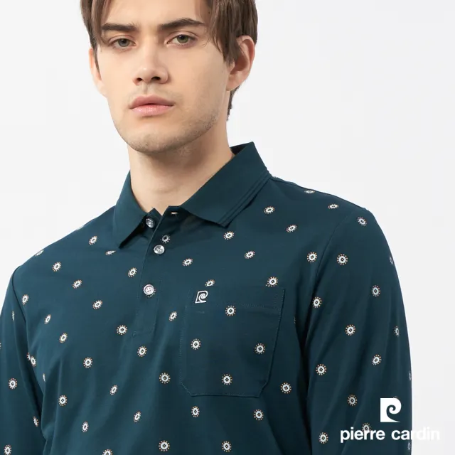 【pierre cardin 皮爾卡登】休閒服飾 男款 圓點點印花長袖POLO衫-深綠色(5235258-47)