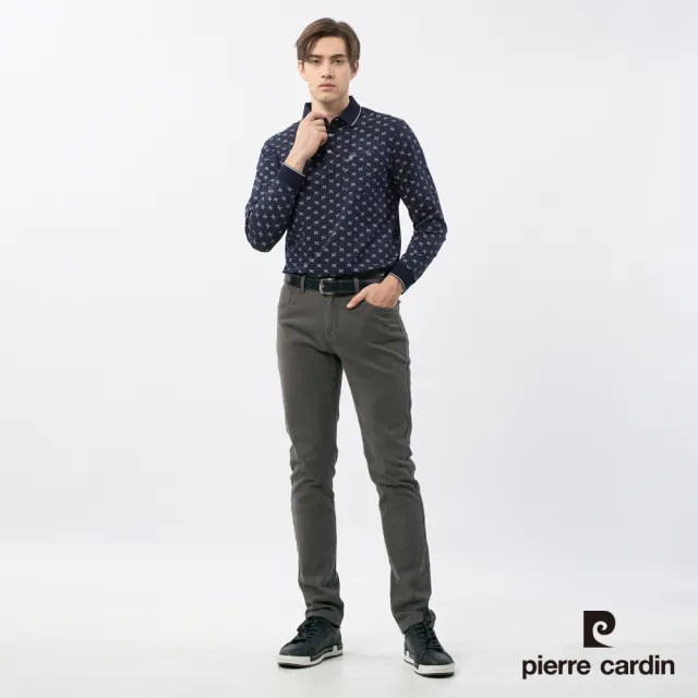 【pierre cardin 皮爾卡登】休閒服飾 男款 印花長袖POLO衫-深藍色(5235209-38)