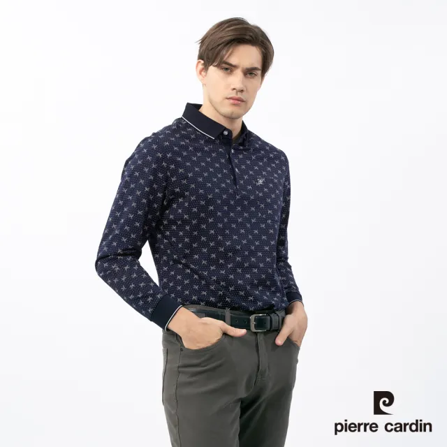 【pierre cardin 皮爾卡登】休閒服飾 男款 印花長袖POLO衫-深藍色(5235209-38)