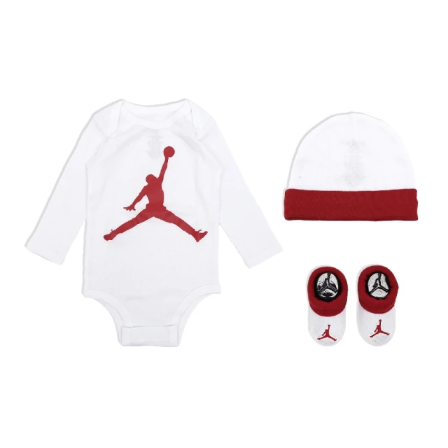 NIKE 耐吉NIKE 耐吉 包屁衣 Jordan Baby 白 紅 長袖 帽子 襪子 純棉 寶寶 嬰兒 送禮 白 紅(JD2343018NB-001)