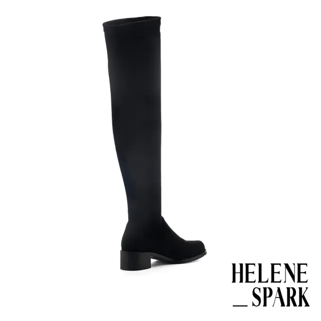 【HELENE_SPARK】極簡純色彈力絨布粗跟過膝長靴(黑)