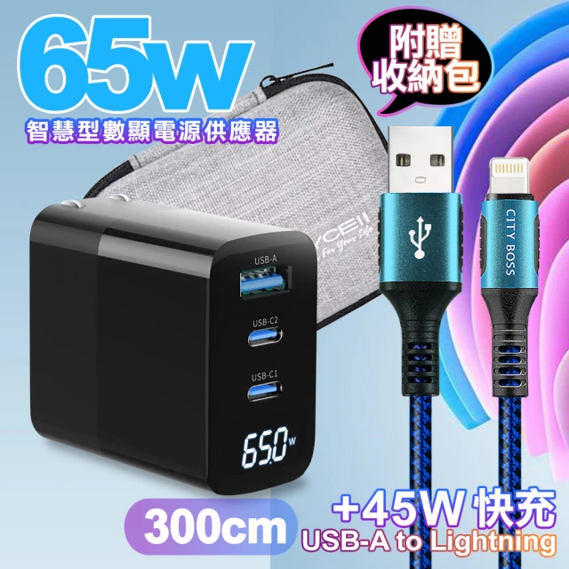 MYCELL 65W氮化鎵GDK55T 黑色+勇固線耐彎折編織線USB-iphone/ipad-300cm