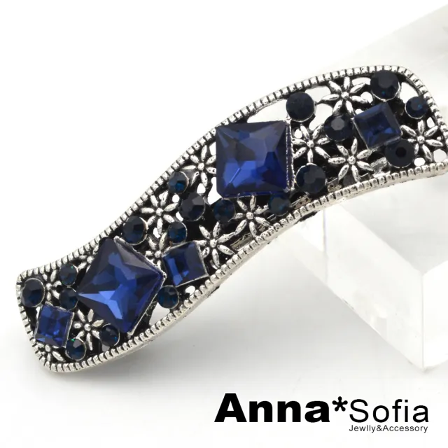 【AnnaSofia】髮夾髮飾彈簧夾邊夾-藍菱晶古綻花 現貨(長型波浪型)