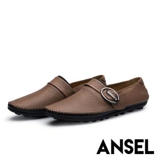 【ANSEL】真皮頭層牛皮個性釦飾拼接舒適軟底懶人鞋-男鞋(卡其)