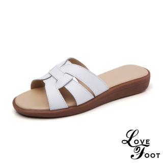 【LOVE FOOT 樂芙】真皮復古簡約線條花結造型舒適平底拖鞋(白)