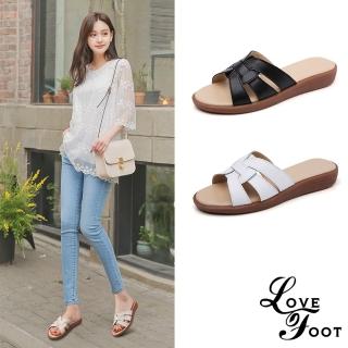 【LOVE FOOT 樂芙】真皮復古簡約線條花結造型舒適平底拖鞋(2色任選)