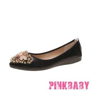 【PINKBABY】華麗串珠小蜜蜂裝飾尖頭低跟摺疊便鞋(黑)