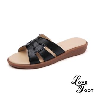 【LOVE FOOT 樂芙】真皮復古簡約線條花結造型舒適平底拖鞋(黑)