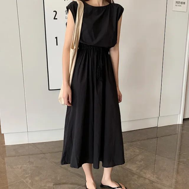 【LANNI 藍尼】★文青感可收腰寬鬆棉麻大裙擺連衣裙(連衣裙/短袖)