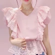 【BBHONEY】韓版甜美鏤空荷葉花邊顯瘦V領收腰娃娃衫(網美必備款)
