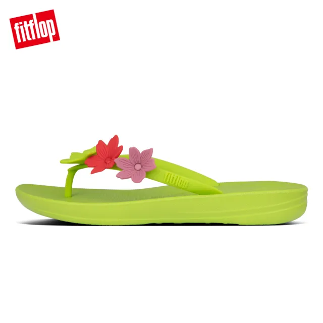 【FitFlop】IQUSHION FLORAL FLIP-FLOPS 花飾輕量人體工學戲水夾腳拖-女(檸檬綠)