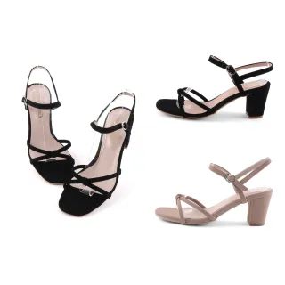 【Alberta】7cm高跟涼鞋 皮革/絨面交叉細帶扭結造型 方頭粗跟釦帶涼拖鞋