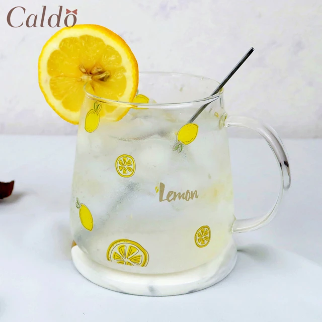 Caldo 卡朵生活 夏日檸檬耐熱玻璃馬克杯(附蓋+匙)