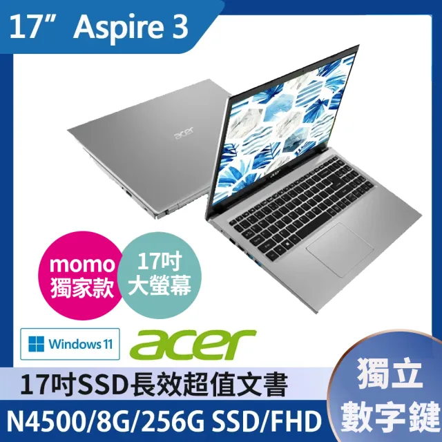 【Acer】256G固態行動碟★17.3吋N4500輕薄文書筆電(Aspire 3/A317-33-C9L4/N4500/8G/256G SSD/W11)