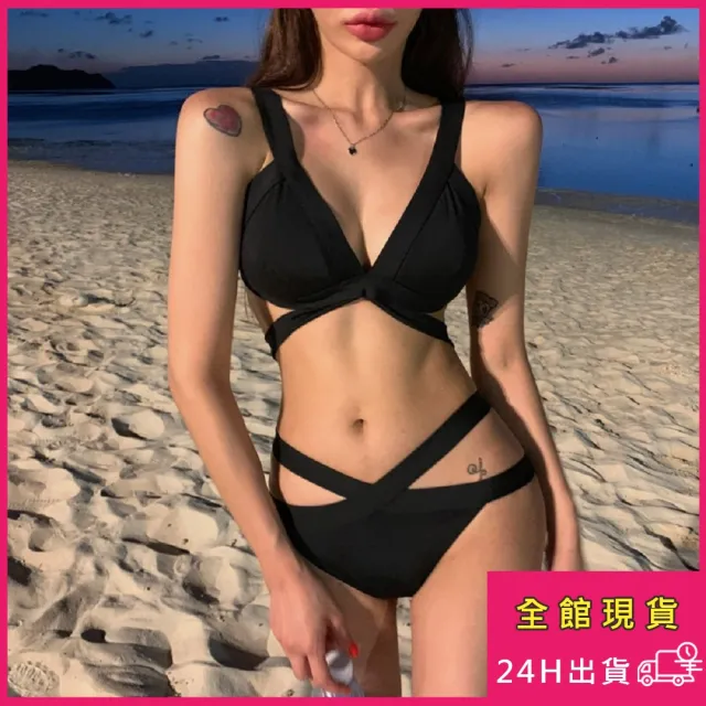 【AS 梨卡】泳衣 泳裝 比基尼 二件式泳衣 兩件式泳裝 綁帶 性感 交叉 顯瘦 黑色 純色CR595