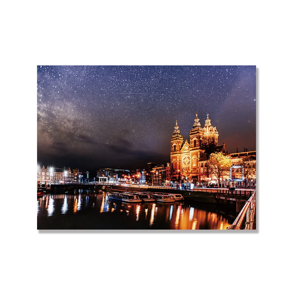 【24mama 掛畫】單聯式 油畫布 橫幅 荷蘭 阿姆斯特丹 城市 運河 河岸  夜景 河景 無框畫 40x30cm(迷幻河岸)