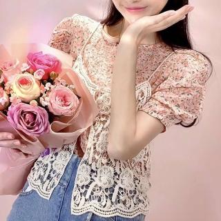 【BBHONEY】韓版甜美布蕾絲碎花背心碎花襯衫兩件式上衣(網美必備款)