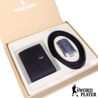【SWORD PLAYER】莎普爾蔚藍款皮革自動扣皮帶+商務真牛皮名片夾禮盒組